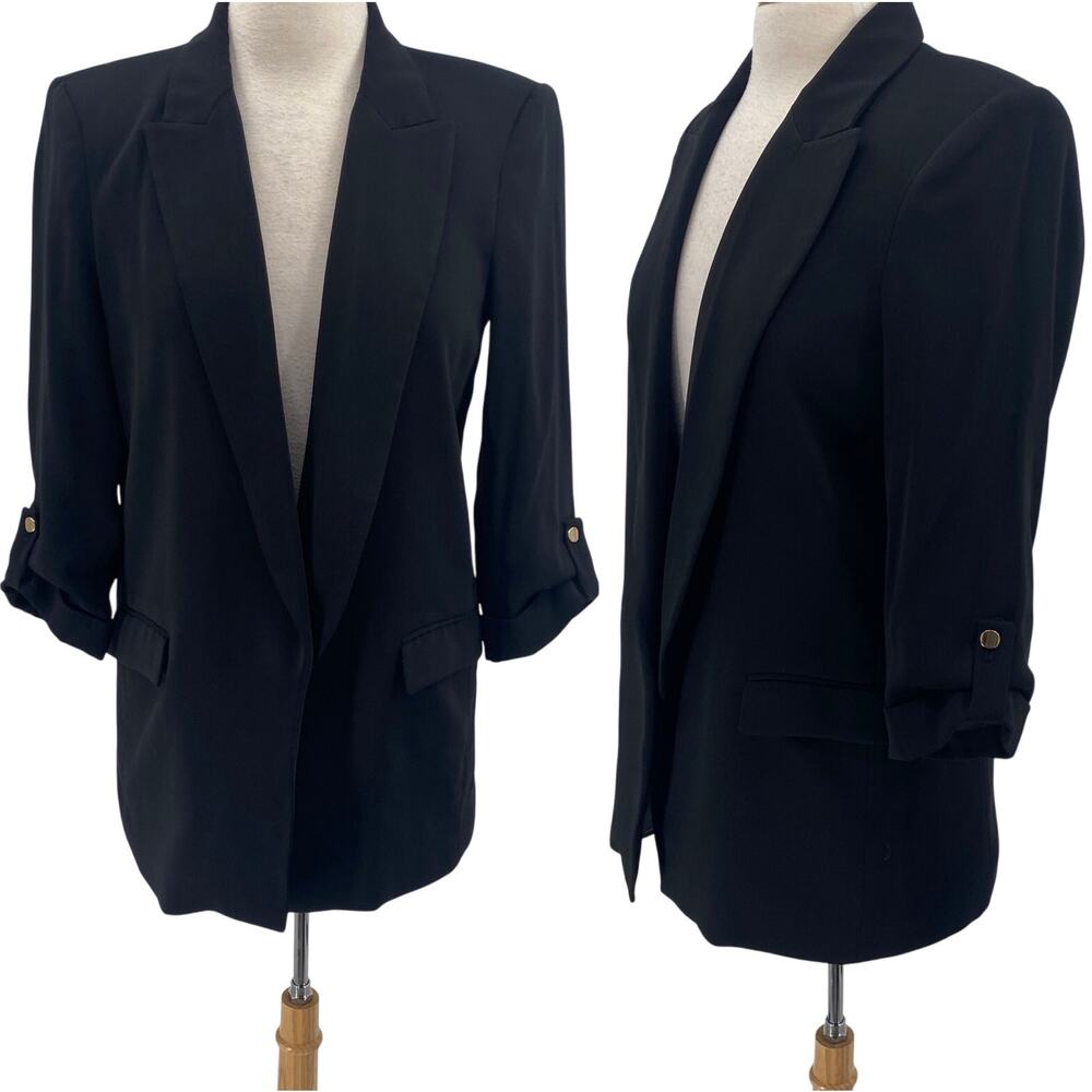 Zara Blazer Rolled Cuffs Oversized Longline Single Button Front Black Small